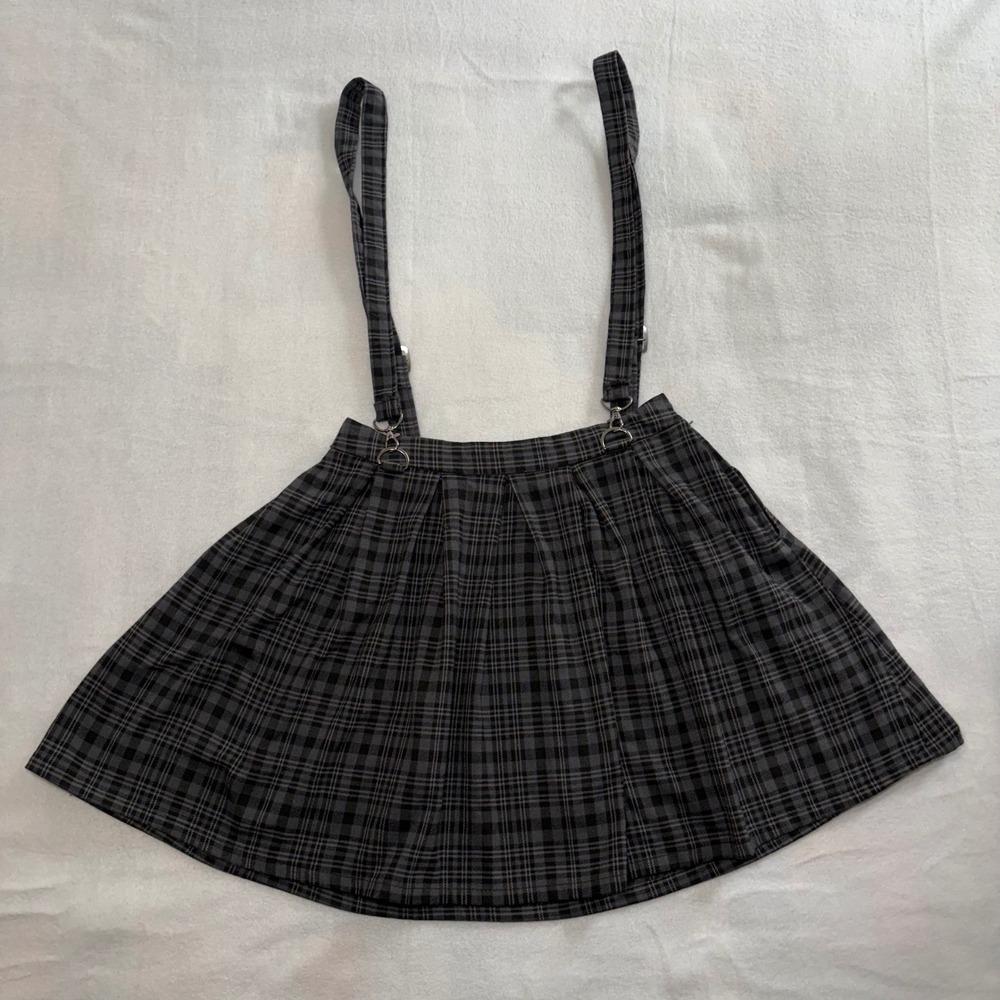 Hot Topic Gray Black Plaid Suspender Skater Mini Skirt Pleated Womens Small Punk